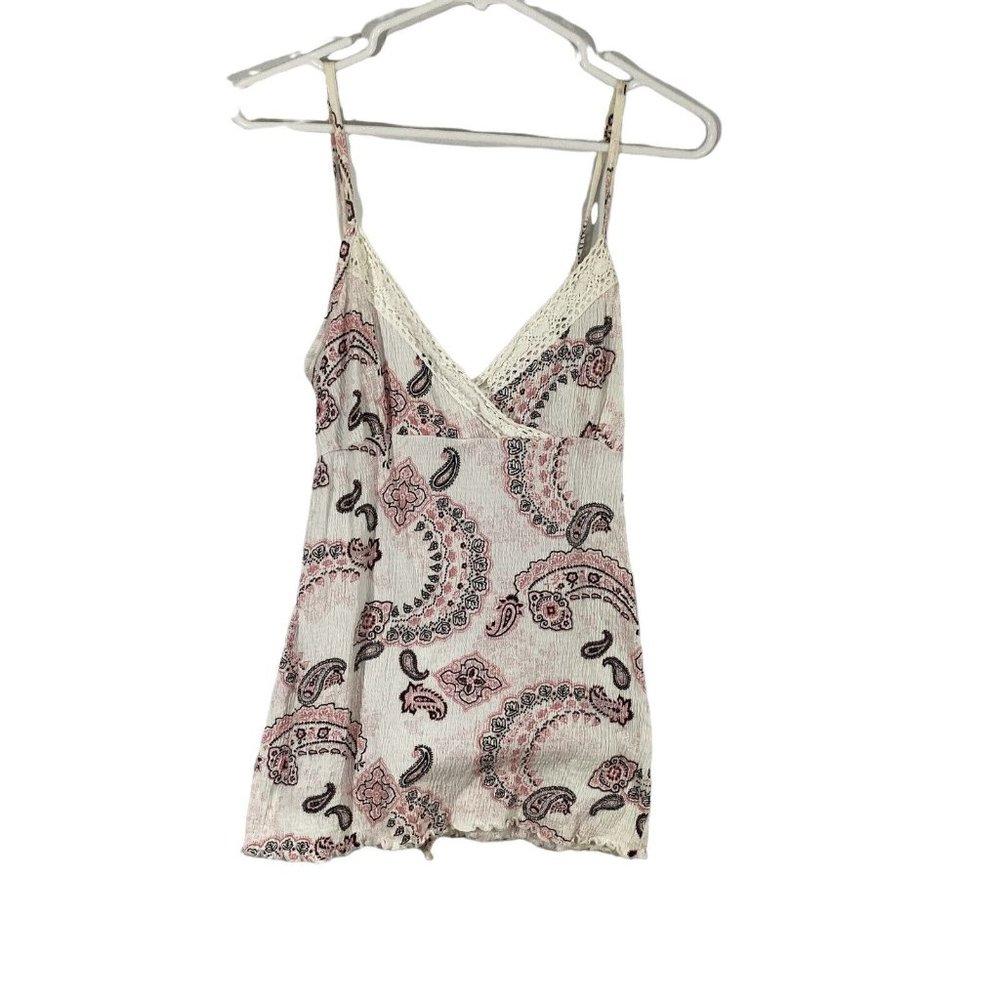 Cute Girl Womens White Paisley Sleeveless V Neck Strappy Tank Top Size Medium